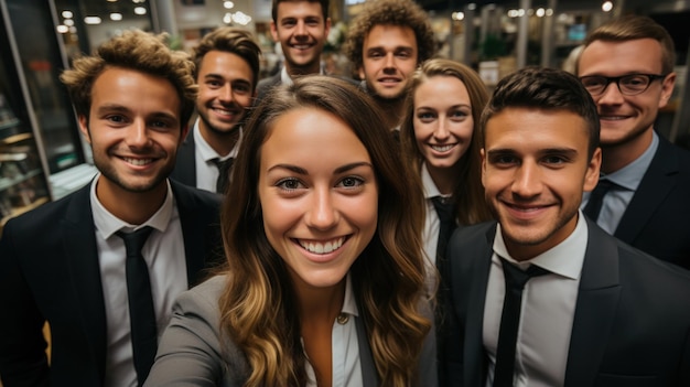 Współpracownicy z biura robią uroczyste selfie w nowoczesnym miejscu do pracy