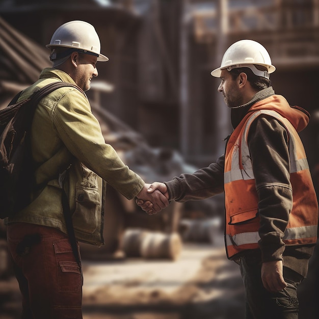Współpracujący pracownicy budowlani podają sobie ręce w jedności