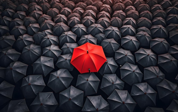 Wśród czarnych wyróżnia się czerwony parasol.