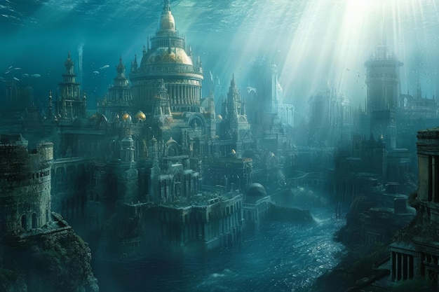 Wstrząsający widok podwodnego miasta pośród rozległości oceanu Dzień Walentynek w mistycznym podwodnym mieście