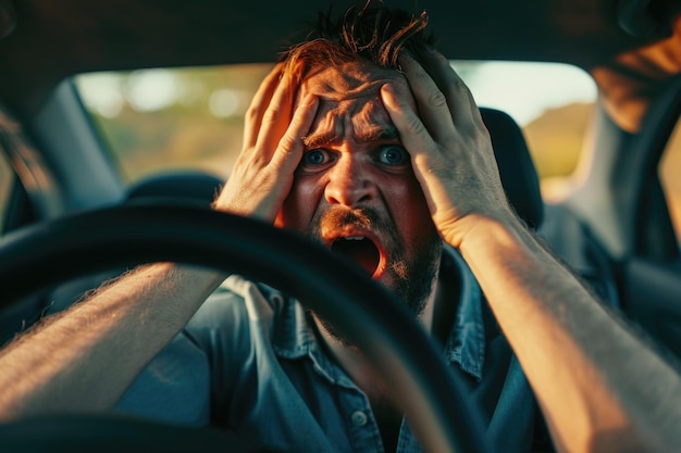 Wstrząśnięty mężczyzna siedzi za kierownicą z głową w rękach, co oznacza ubezpieczenie od wypadków i emocjonalne zamieszanie.