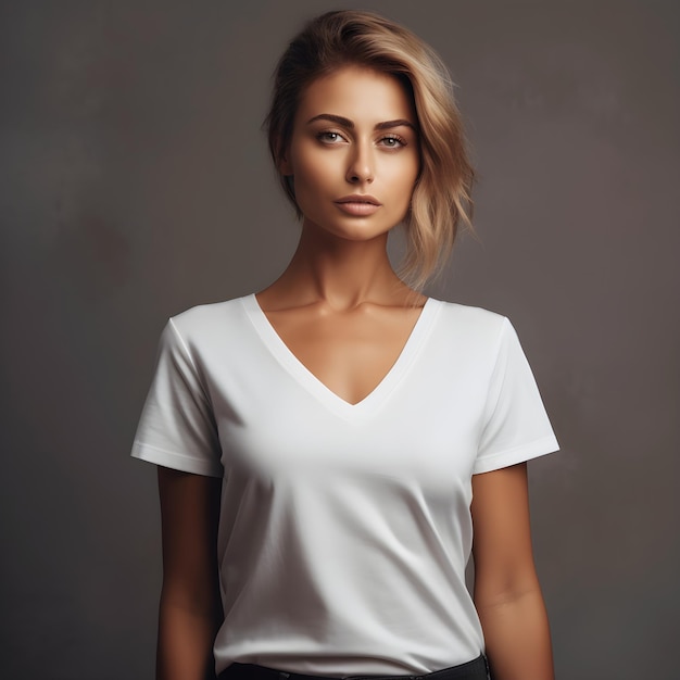 Zdjęcie wszechstronna modelka w stylu z koszulką vneck do wyświetlania makiet