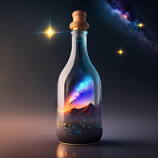 Wszechświat w butelce Szklana butelka z galaktyką w środku Gwiazdy Planety i kosmiczna fantazja astronomia