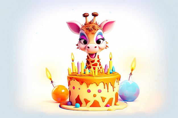 Wszystkiego najlepszego z okazji urodzin Szczęśliwa śliczna żyrafa kreskówkowa Ilustracja Przetworzony obraz wygenerowany przez sztuczną inteligencję