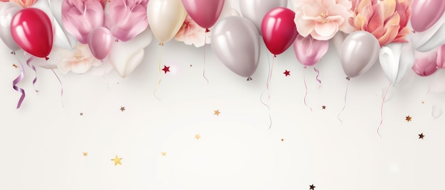 Wszystkiego najlepszego z okazji urodzin tło z kwiatami i płatkami balonów powietrznych