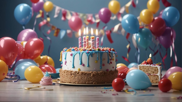 Wszystkiego najlepszego z okazji urodzin tort ze świecami, balonami i kolorowymi konfetti