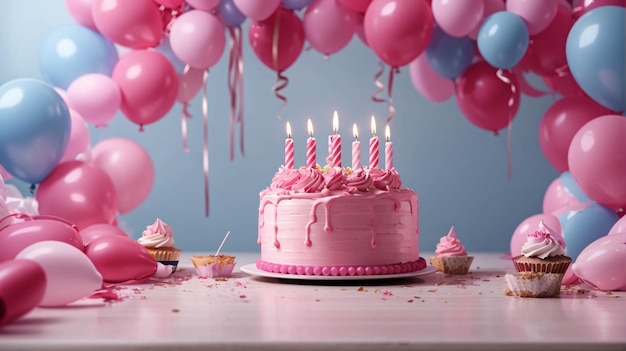 Wszystkiego najlepszego z okazji urodzin tort ze świecami, balonami i kolorowymi konfetti