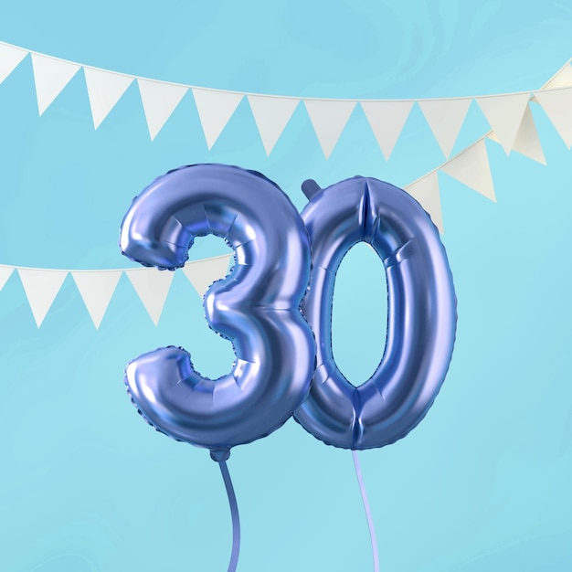 Wszystkiego najlepszego z okazji urodzin z okazji 30. urodzin niebieski balon i trznadel 3D Render