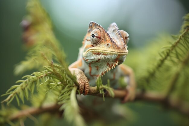 Wtapiający się młody kameleon na paproci