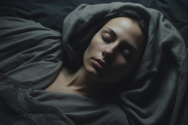 Wtulona w swoje łóżko kobieta spokojnie śpi, jej twarz zdobi pogodny wyraz Miękkość jej snu oddaje esencję spokoju i odpoczynku Generacyjna sztuczna inteligencja