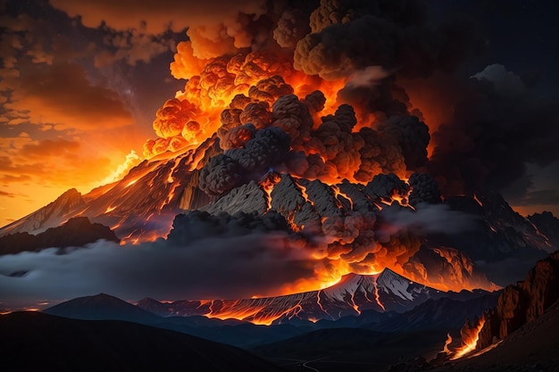 Wulkan wybuchający na niebie z dymem i ogniem w stylu malarstwa olejowego