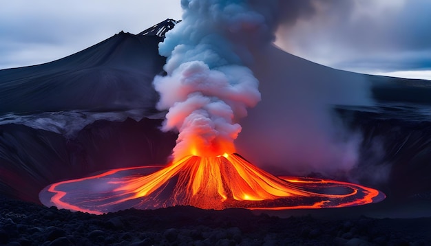 Zdjęcie wulkan wybuchający w zamarzniętych stepach islandii