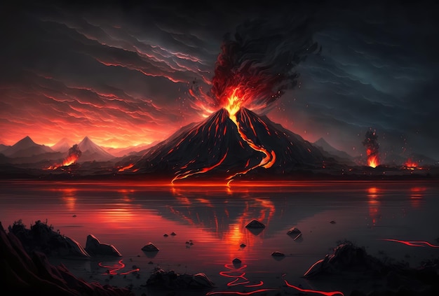 Zdjęcie wulkan wybuchł gorącą lawą i czarnym dymem pokrywającym niebo natura i koncepcja katastrofy generacyjna sztuczna inteligencja
