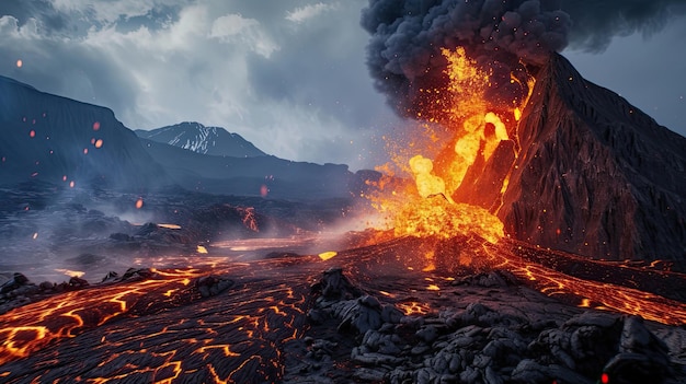 Wulkan zamarznięty lawy krajobraz erupcja wulkaniczna klęska żywiołowa magma dym ogień wysoka temperatura Pustynny krajobraz z formacjami magmatycznymi Moc natury koncepcja generatywna przez AI