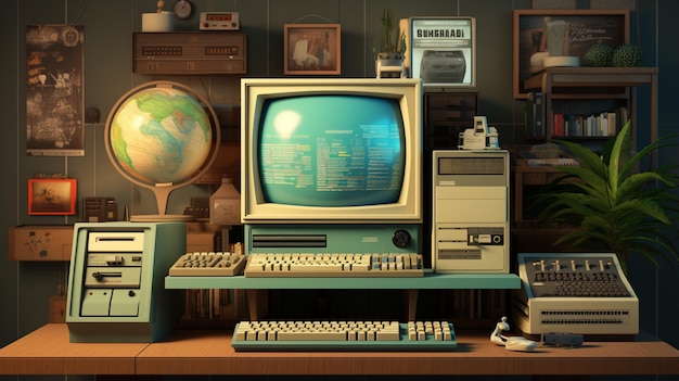Wybierz się w podróż wspomnieniami z zestawem starych komputerów i monitorów. Wyblakłe kolory i nieporęczne projekty wywołują poczucie nostalgii