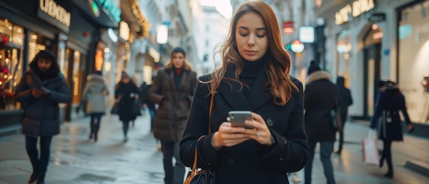 Zdjęcie wybitna bizneswoman w czarnym płaszczu używa smartfona na ulicy dla pieszych w centrum miasta przegląda internet na swoim urządzeniu, gdy chodzi po zatłoczonej ulicy