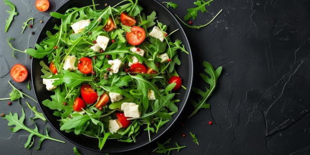 Wybitna sałatka z serem arugula na eleganckim czarnym tle duża pusta przestrzeń