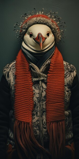 Wybitny portret ptasiej maski ciemno-pomarańczowo-czerwonej dzianiny i haczykowanej odzieży