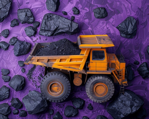 Zdjęcie wybitny szczegółowy obraz ciężarówki przewożącej węgiel surowy na tle uderzającego fioletu