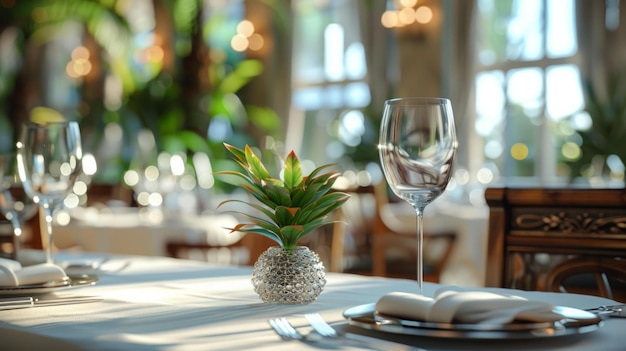 Wybitny układ stołu w restauracji luksus i elegancja w każdym szczególe obietnica niezapomnianego doświadczenia kulinarnego AI Generative