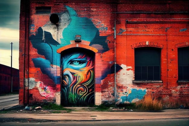 Wyblakły ceglany mur z malowidłem graffiti, które dodaje koloru i charakteru do szarego industrialnego krajobrazu