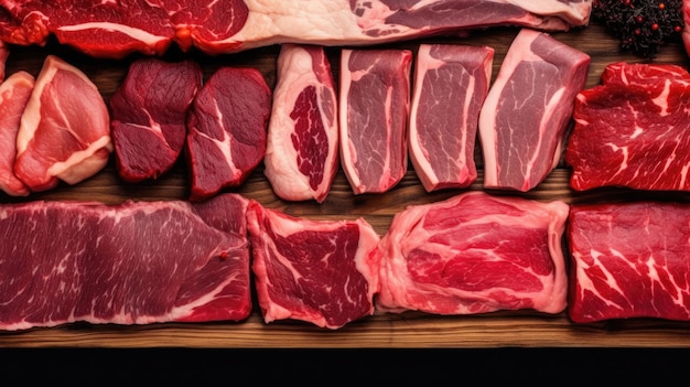 Wybór kawałków mięsa wystawiony w drewnianym promieniu w sklepie mięsnym lub w supermarkecie