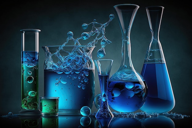 Wybór niebieskich cieczy w szklanych naczyniach laboratoryjnych