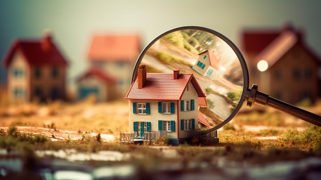 Wybór nieruchomości do kupienia i zainwestowania w Koncepcja wyszukiwania domu za pomocą szkła powiększającego Polowanie na nowy dom lub dom Kredyt hipoteczny i koncepcja inwestycji Generative AI ilustrator
