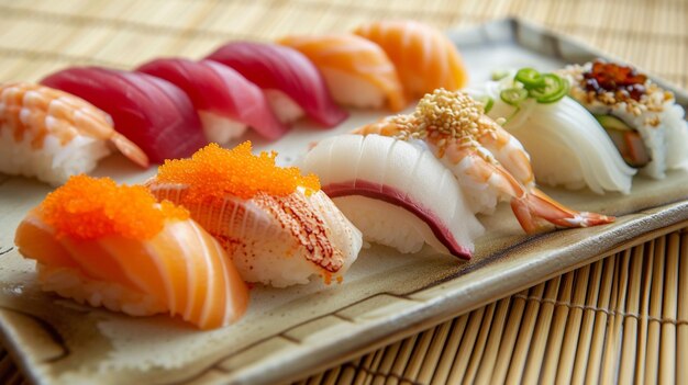 Wybór sushi, w tym nigiri i rolki, artystycznie ułożone na minimalistycznym japońskim talerzu