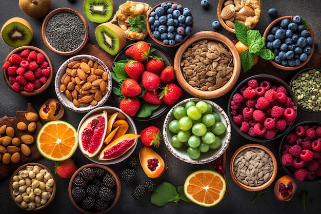 Wybór zdrowej żywności Superfoods różne owoce i różne jagody, orzechy i nasiona