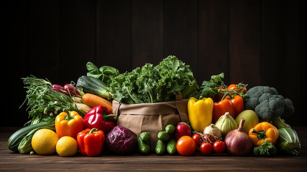 Wybór zdrowej żywności Torba na zakupy pełna świeżych warzyw i owoców Jedzenie leżało płasko na stole