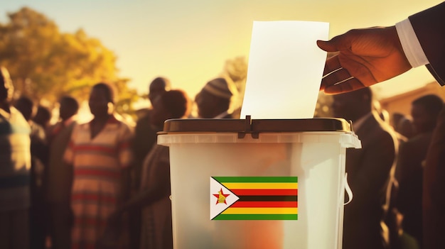 Wybory w Zimbabwe Urna wyborcza i ręka z kartą do głosowania Mężczyźni stoją w tle Koncepcja wyborów w Afryce Generacyjna sztuczna inteligencja