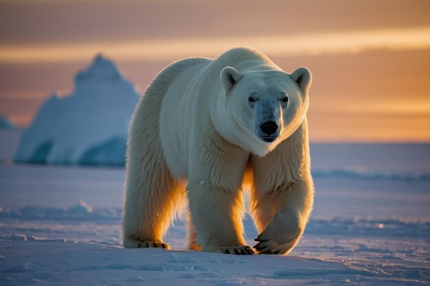 Zdjęcie wybrane zdjęcie niedźwiedzia polarnego przy zachodzie słońca na antarktydzie