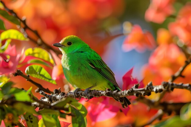 Wybrany ujęcie pięknego zielonego ptaka honeycreeper siedzącego na gałęzi