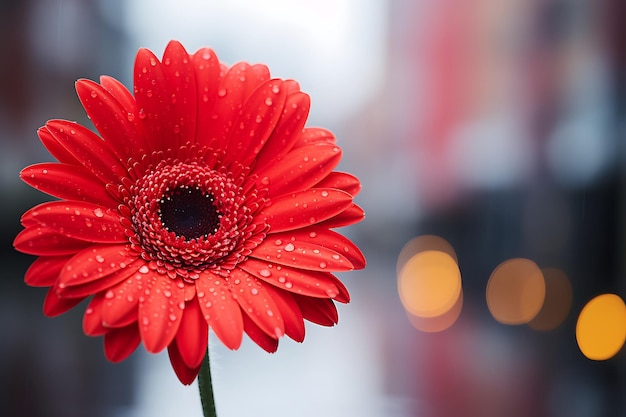 Wybrany widok pięknego czerwonego kwiatu gerbery na niewyraźnym tle