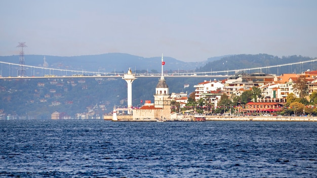 Wybrzeże kanału Bosfor w Stambule. Fort i budynki przy brzegu, most z samochodami. indyk