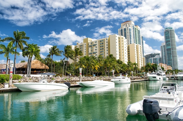 Wybrzeże Miami Beach z budynkami hotelowymi w pobliżu zatoki z białymi jachtami i łodziami z zielonymi palmami na zachmurzonym niebieskim tle nieba