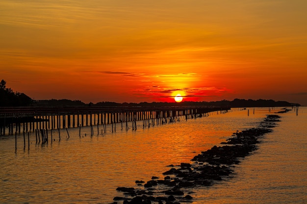 Zdjęcie wybrzeże morskie i drewniany most, widok na drewniane mosty i wybrzeże o wschodzie słońca, drewniany most nad morzem