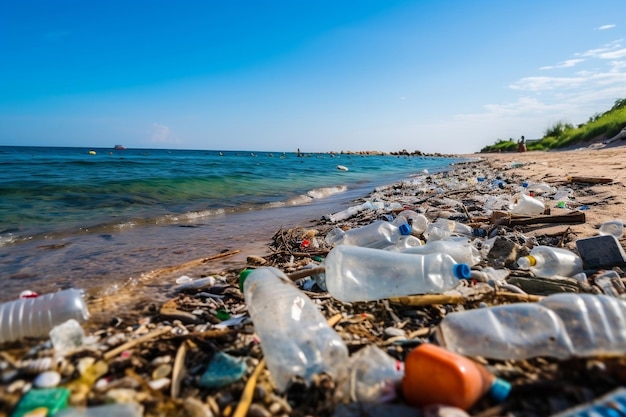 Wybrzeże pokryte odpadami Ogromne rozprzestrzenianie się śmieci i tworzyw sztucznych generujących sztuczną inteligencję