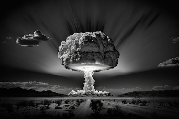 Wybuch bomby atomowej na czarno-białym tle z dymem unoszącym się w powietrzu