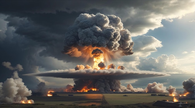 Wybuch bomby atomowej nad miastem z chmurą grzybową