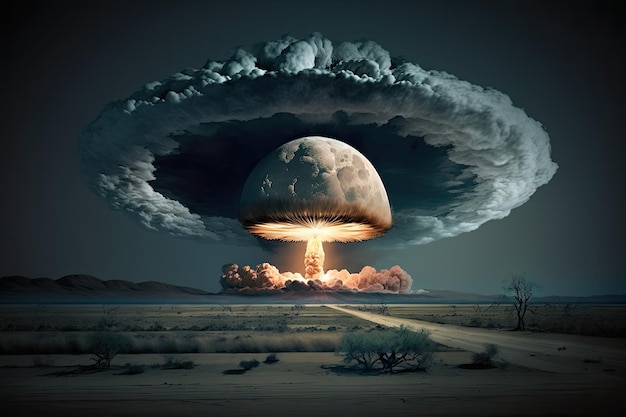 Wybuch bomby atomowej z chmurą grzybową i widoczną falą uderzeniową