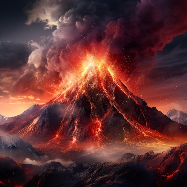 Wybuch burzy ogniowej Żywy i dynamiczny obraz intensywnej erupcji wulkanicznej