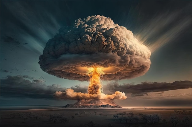 Wybuch nuklearny z grzybową chmurą wznoszącą się wysoko w niebo, stworzony za pomocą generatywnej sztucznej inteligencji