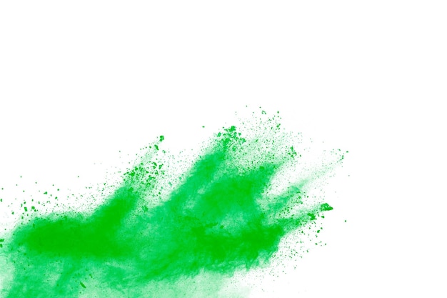 Wybuch streszczenie zielony proszek na białym tle.