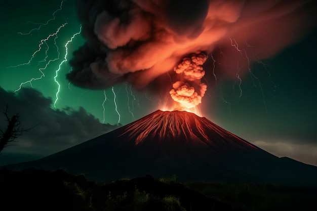 Wybuch wulkanu z czarnym niebem z piorunem Płomień dym skała lawa Generuj Ai