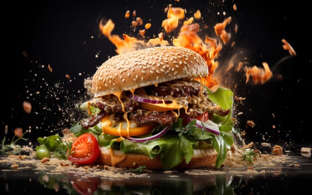 Wybuchający burger z warzywami i topionym serem na czarnym tle