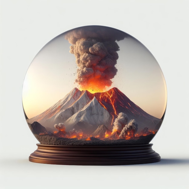Wybuchający wulkan w szklanej kuli na jasnym tle