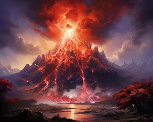 Wybuchający wulkan wypluwa gorącą lawę i popiół