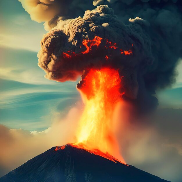 Wybuchający wulkan wypluwa płomienie i dym na zewnątrz